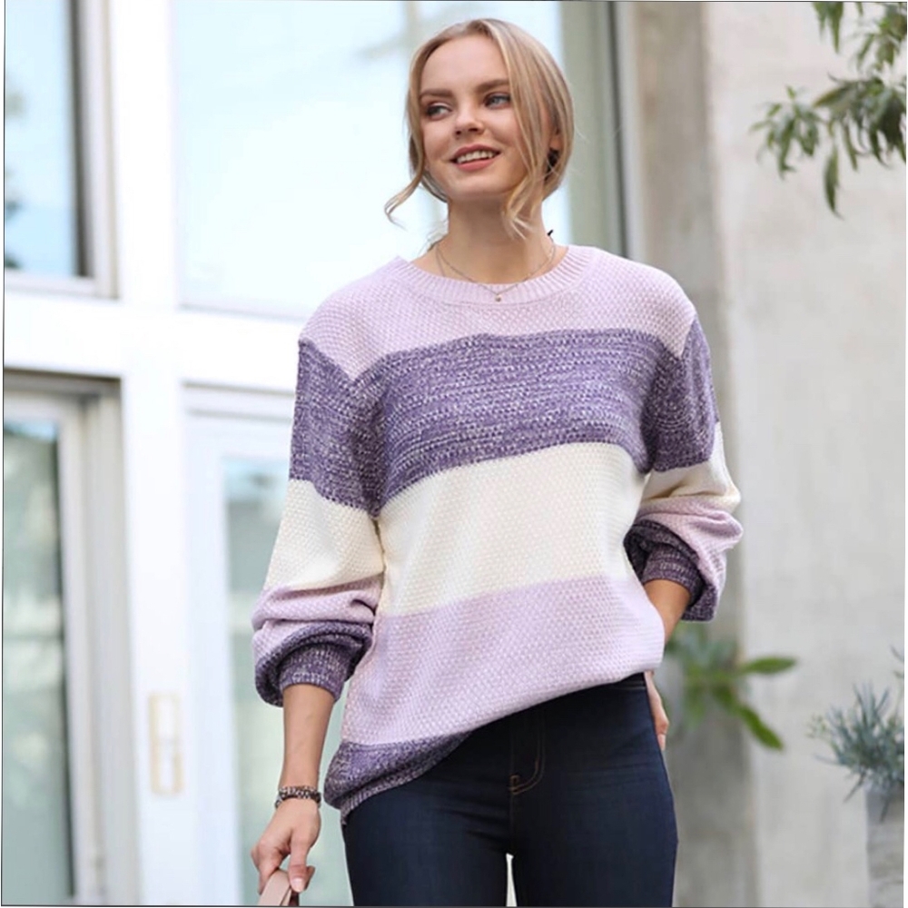 Relaxed Striped Crewneck Sweater in Lavender, Purple & Cream - Picture 4 of 6